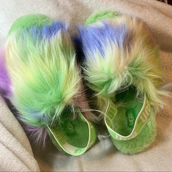 Ugg fluff yeah tie dye fur slides platform slippers size 6 green - Picture 10 of 12